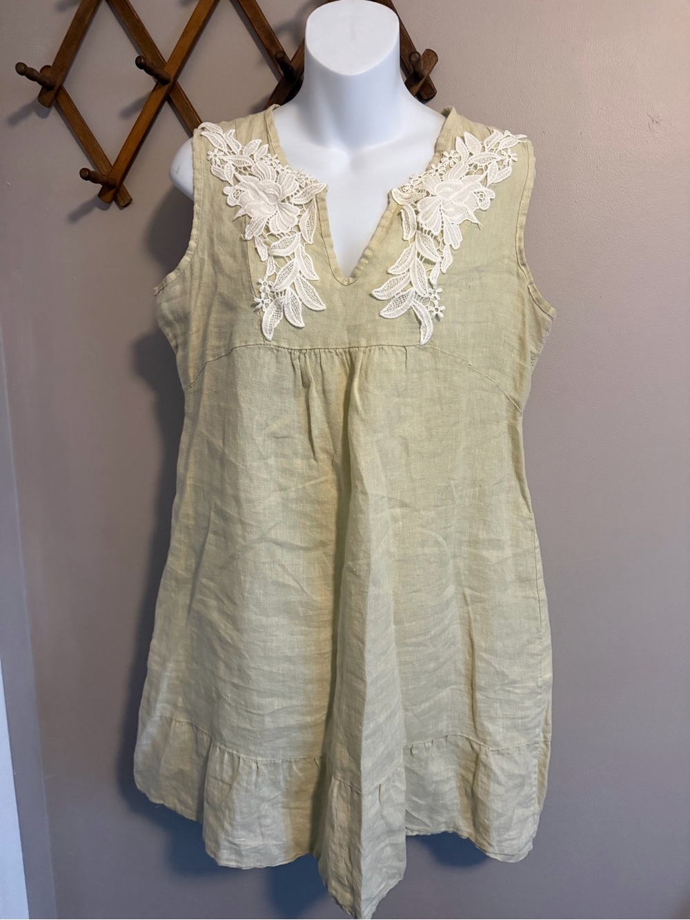 Marisa & Marie Italian Linen Lace Notch Neck Babydoll Ruffle Dress Sage Size L